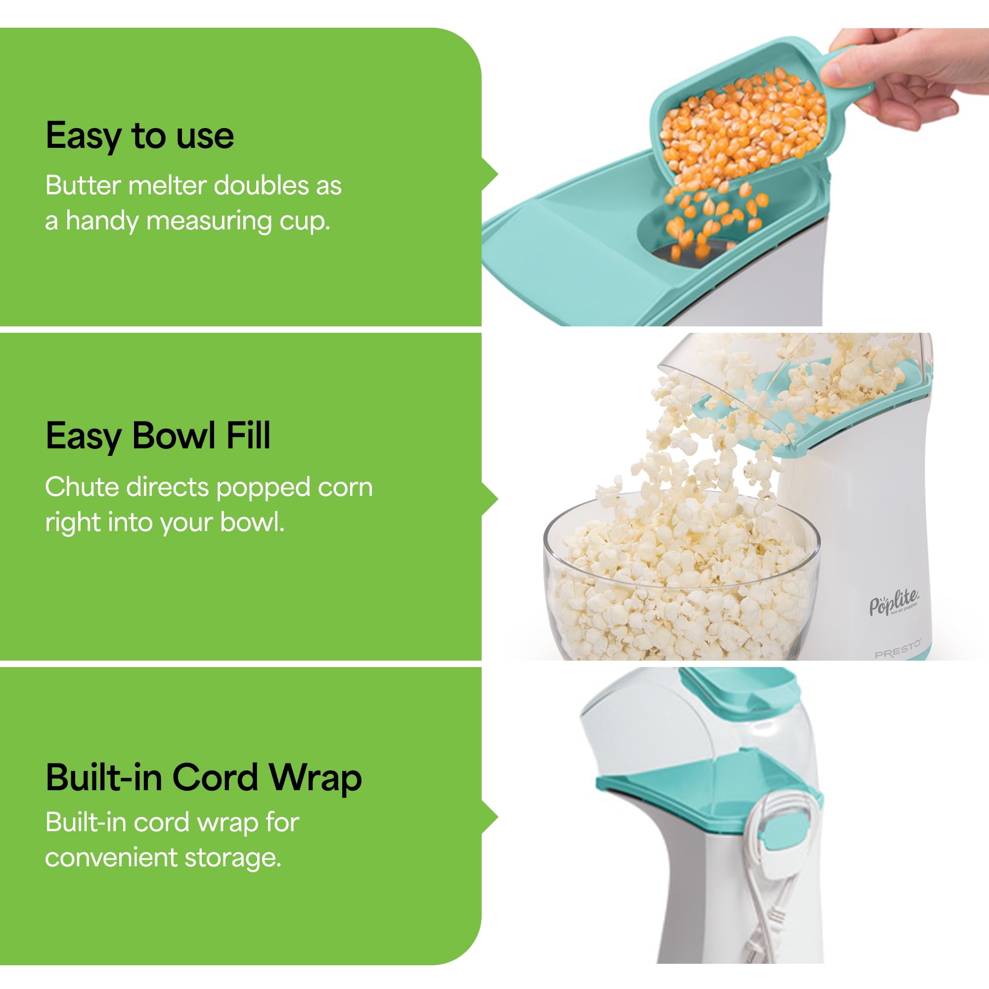 Presto 04869 PopLite Hot Air Popper Popcorn Maker for Home Kitchen - 18 Cups, Aqua/White