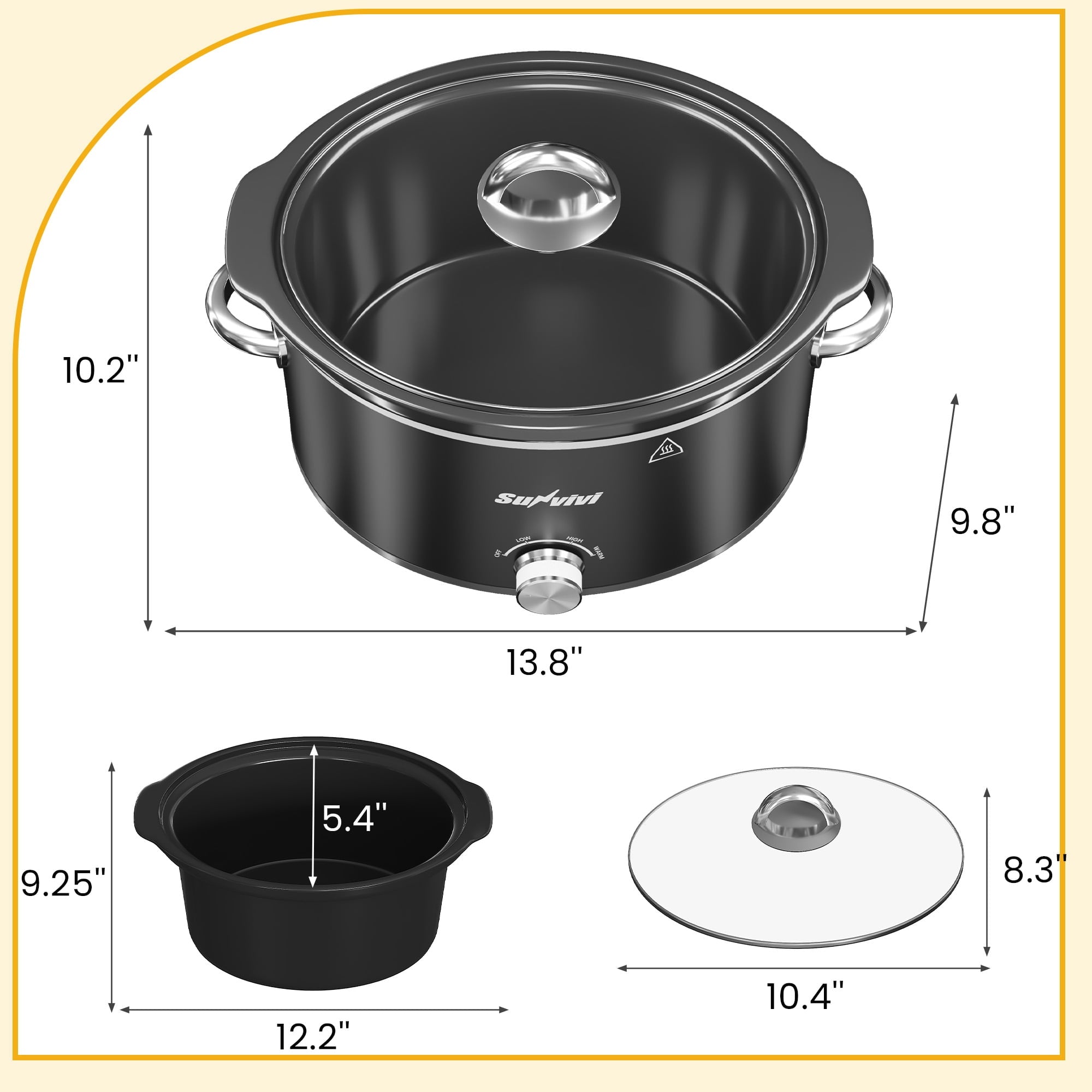 SUNVIVI Small Slow Cooker 4QT - Mini Food Warmer with 3 Heating Settings, Removable Ceramic Pot, Dishwasher Safe Glass Lid, Stainless Steel