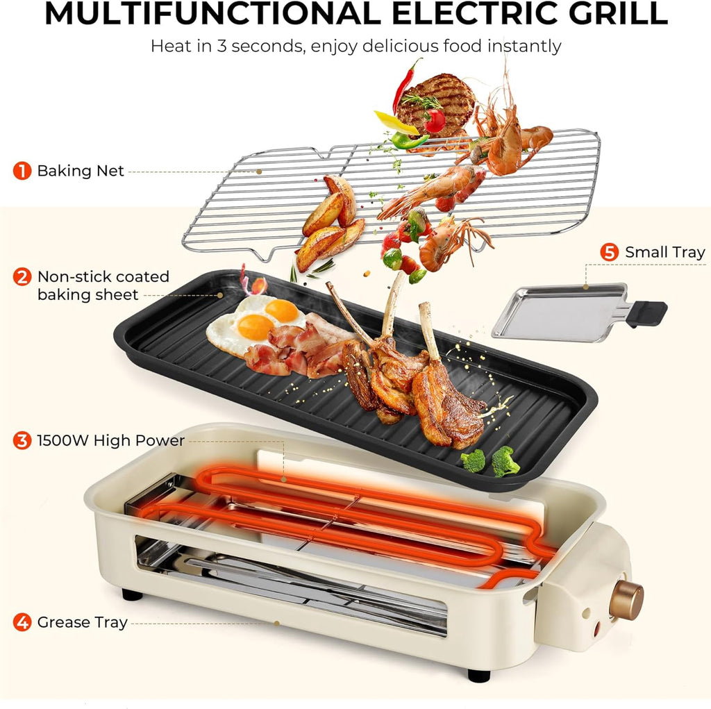 Electric Indoor Grill - 2 in 1 Indoor Grills for Kitchen with Grill Net & Non-Stick Cooking Removable Plate, Temperature Control, Dishwasher Safe, 1500W Smokeless barbecue
