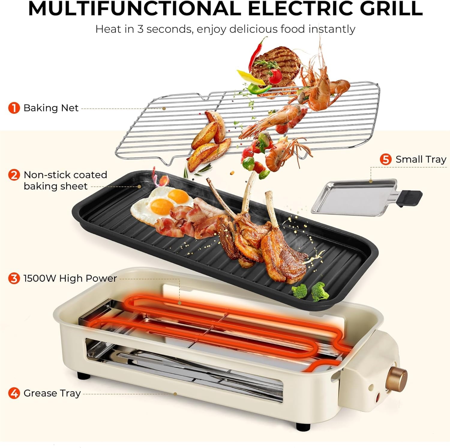 Electric Indoor Grill - 2 in 1 Indoor Grills for Kitchen with Grill Net & Non-Stick Cooking Removable Plate, Temperature Control, Dishwasher Safe, 1500W Smokeless barbecue