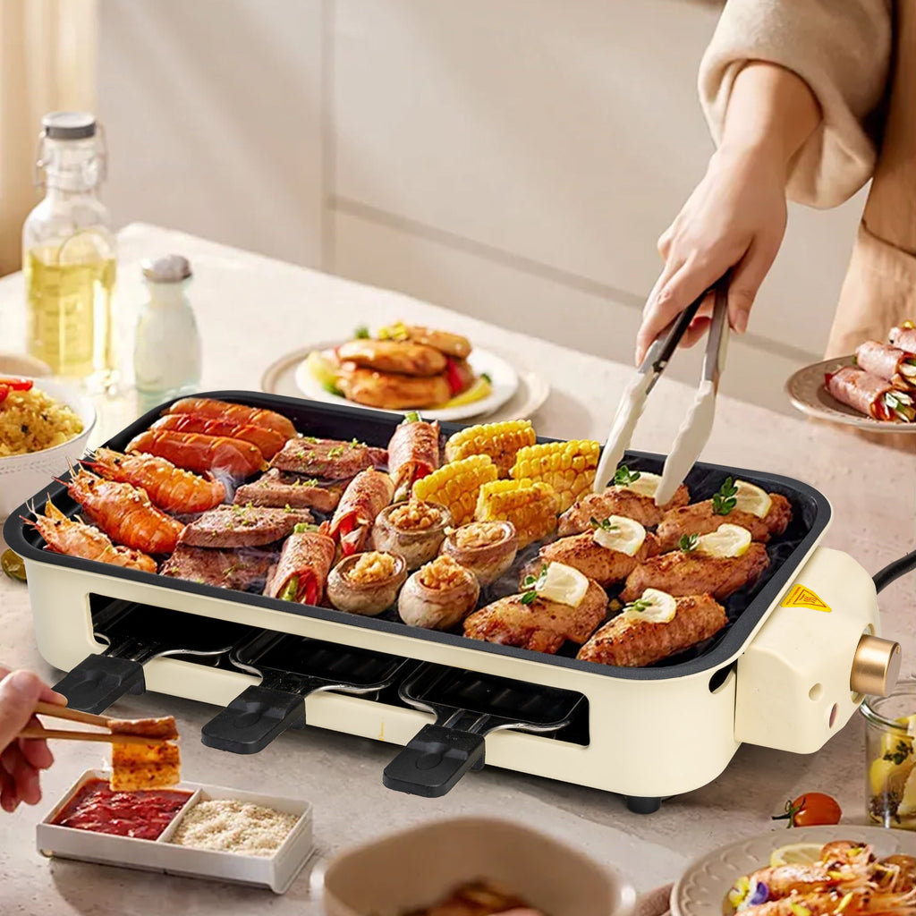 SUSLAS Electric Indoor Grill & Griddle - 1500W Smokeless Design with 3 Removable Nonstick Plates, Dishwasher Safe, Adjustable Temperature Control for Indoor Cooking(beige)