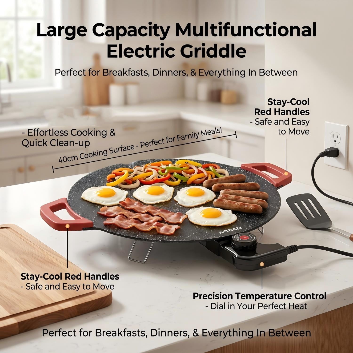 AORAN KITCHEN Indoor Electric Grills - 16in Nonstick Smokeless Griddle for Use, Compact & Versatile Cooking for Steaks, Pancakes, and BBQ