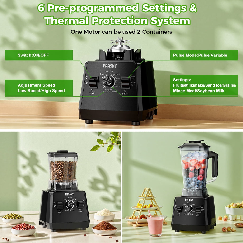 PRASKY Countertop Blender - 2-in-1 Professional Blender, 68oz Capacity 1000W 6 Speeds Blender for Kitchen with 25oz to-go Cup (Black)