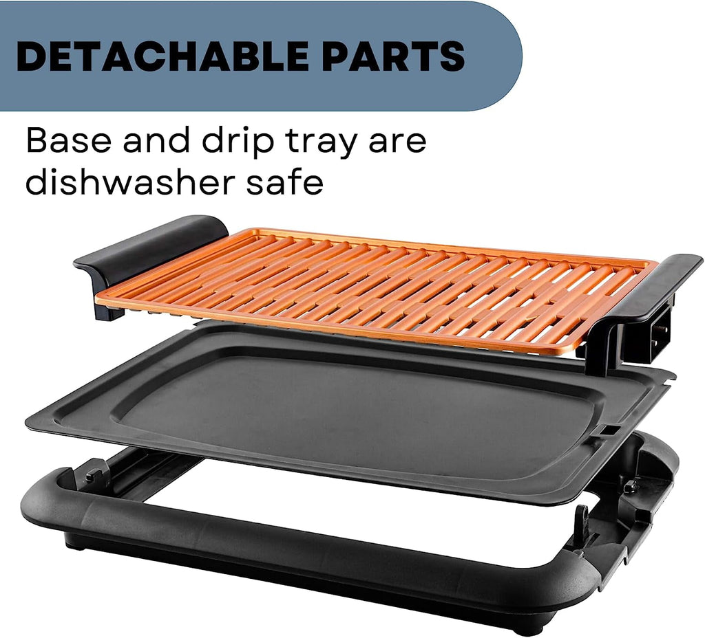 OVENTE Electric Indoor Grill - 15x10 Inch Non-Stick Plate, Copper GD1510NLCO - 1200W Fast Heat Up Power, Adjustable Temperature, Removable and Dishwasher Safe Grilling and Drip Tray