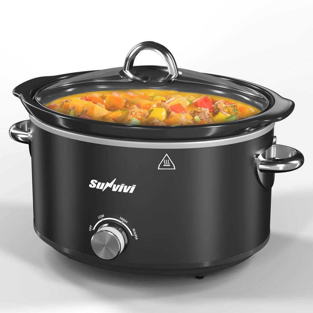 SUNVIVI Small Slow Cooker 4QT - Mini Food Warmer with 3 Heating Settings, Removable Ceramic Pot, Dishwasher Safe Glass Lid, Stainless Steel