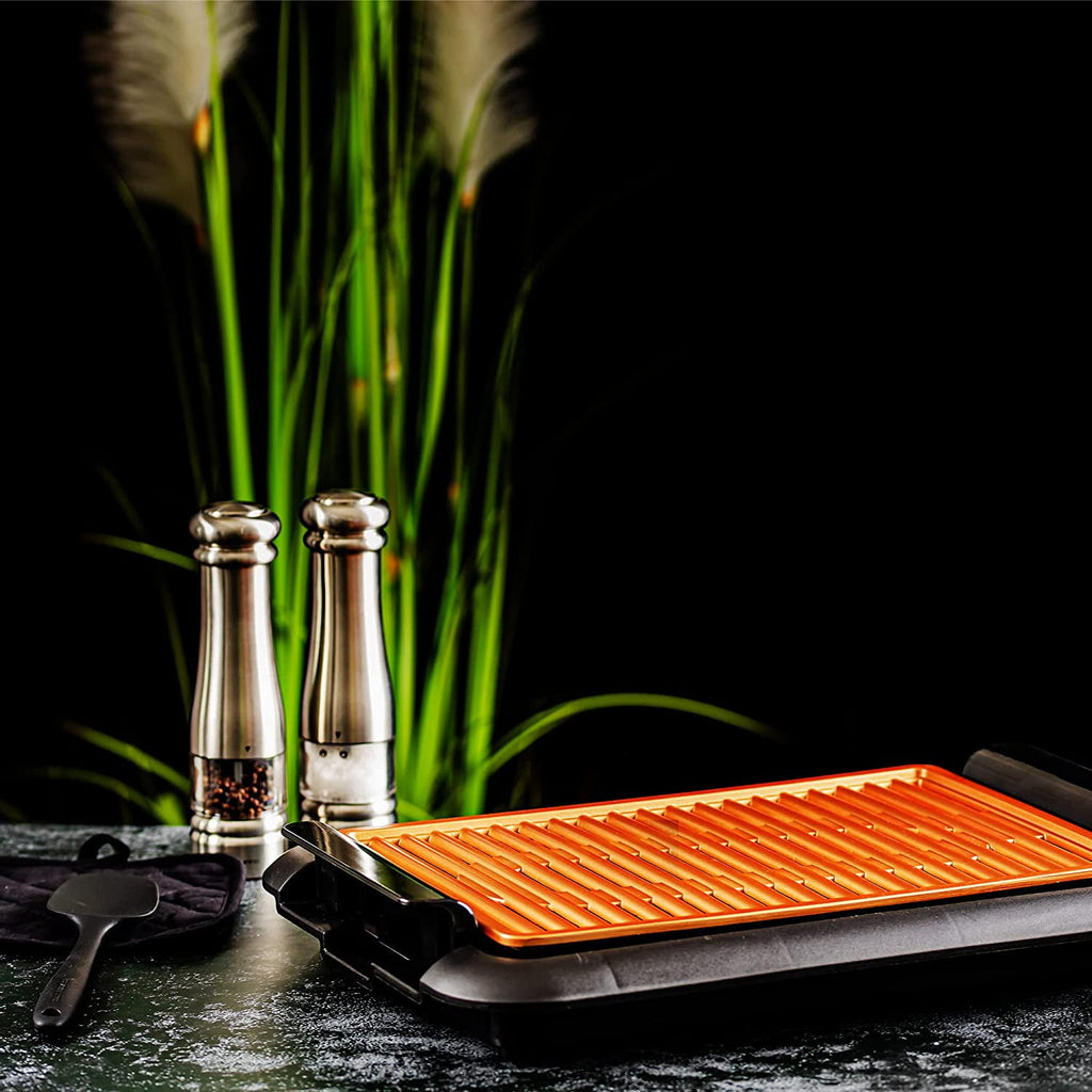 OVENTE Electric Indoor Grill - 15x10 Inch Non-Stick Plate, Copper GD1510NLCO - 1200W Fast Heat Up Power, Adjustable Temperature, Removable and Dishwasher Safe Grilling and Drip Tray
