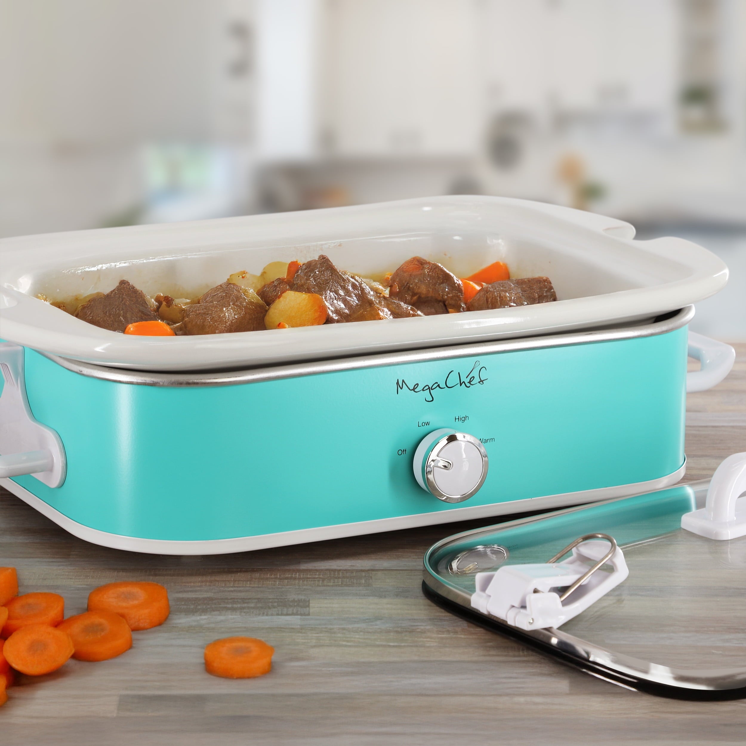 MegaChef 3.5 Quart Casserole Slow Cooker with 3 Temperature Settings (Turquoise)