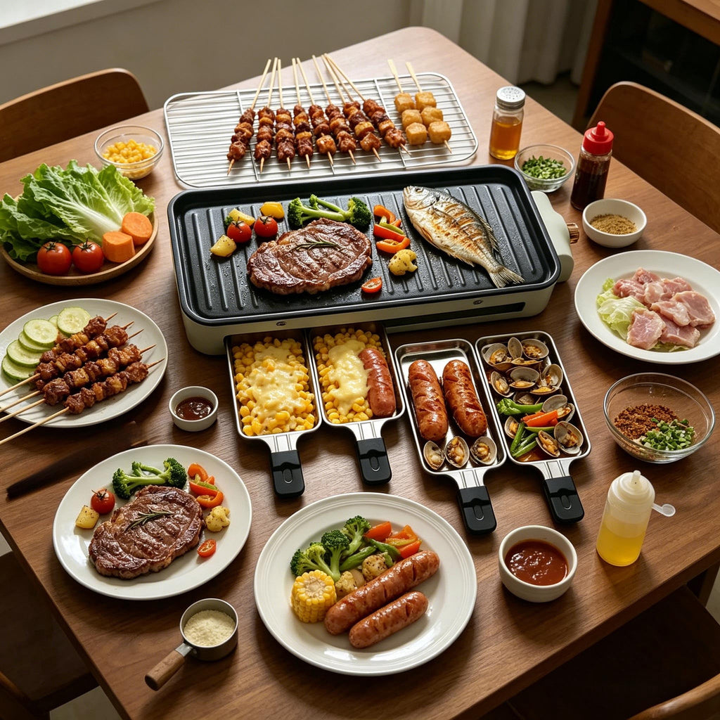 REDUSK Electric Indoor Grill 1500W - 3 in 1 Versatile Smokeless Indoor Grill for Home Cooking, Non-Stick Removable Grill & Griddle Plate, Temperature Control, White