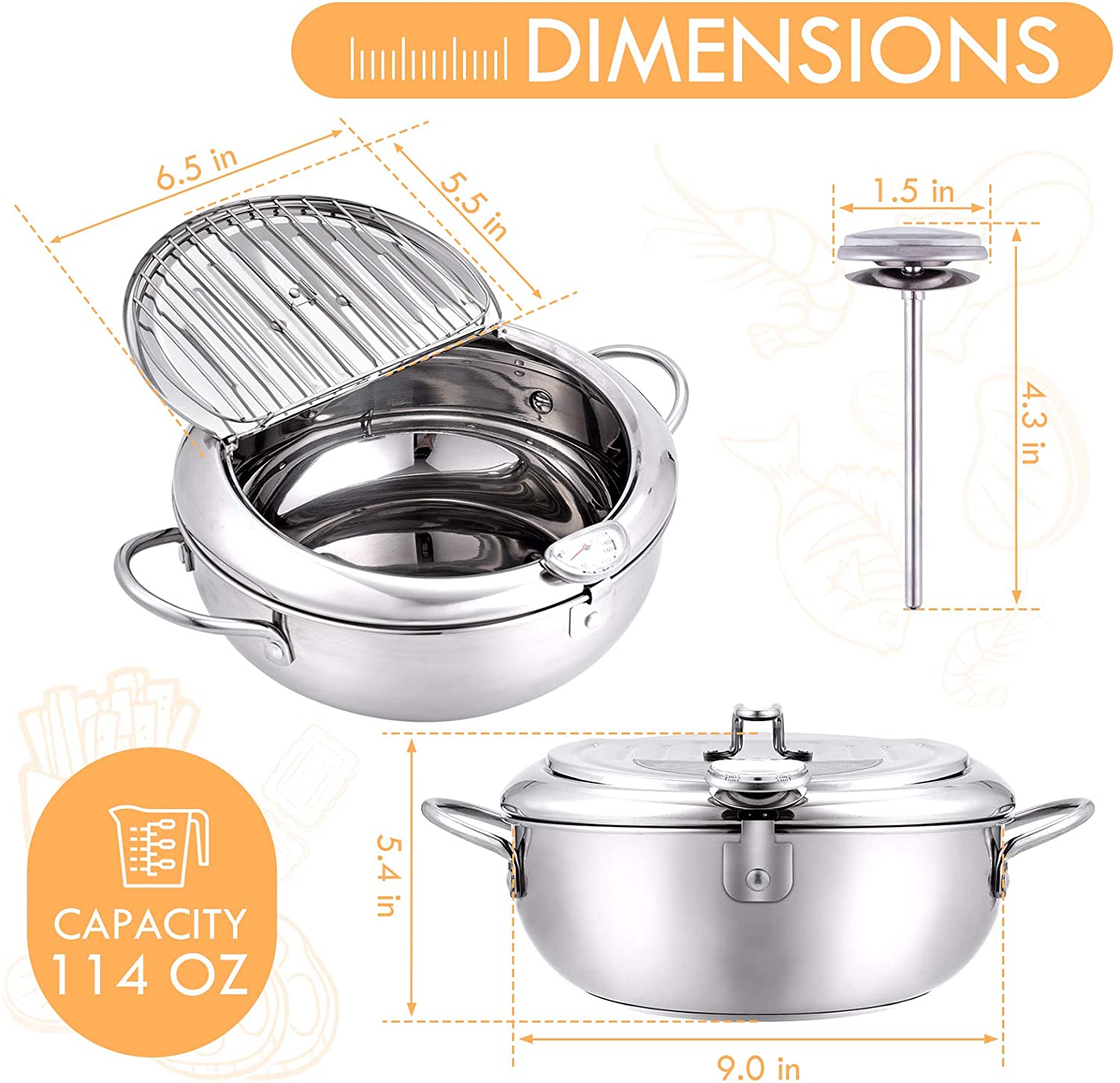ZLF Deep Fryer Pot - 304 Stainless Steel Frying Pot with Oil Drain, Temperature Control and Lid, Tempura Deep Fryer Pot for Kitchen Stove/Induction Cooker French Fries Fryer 9.4"