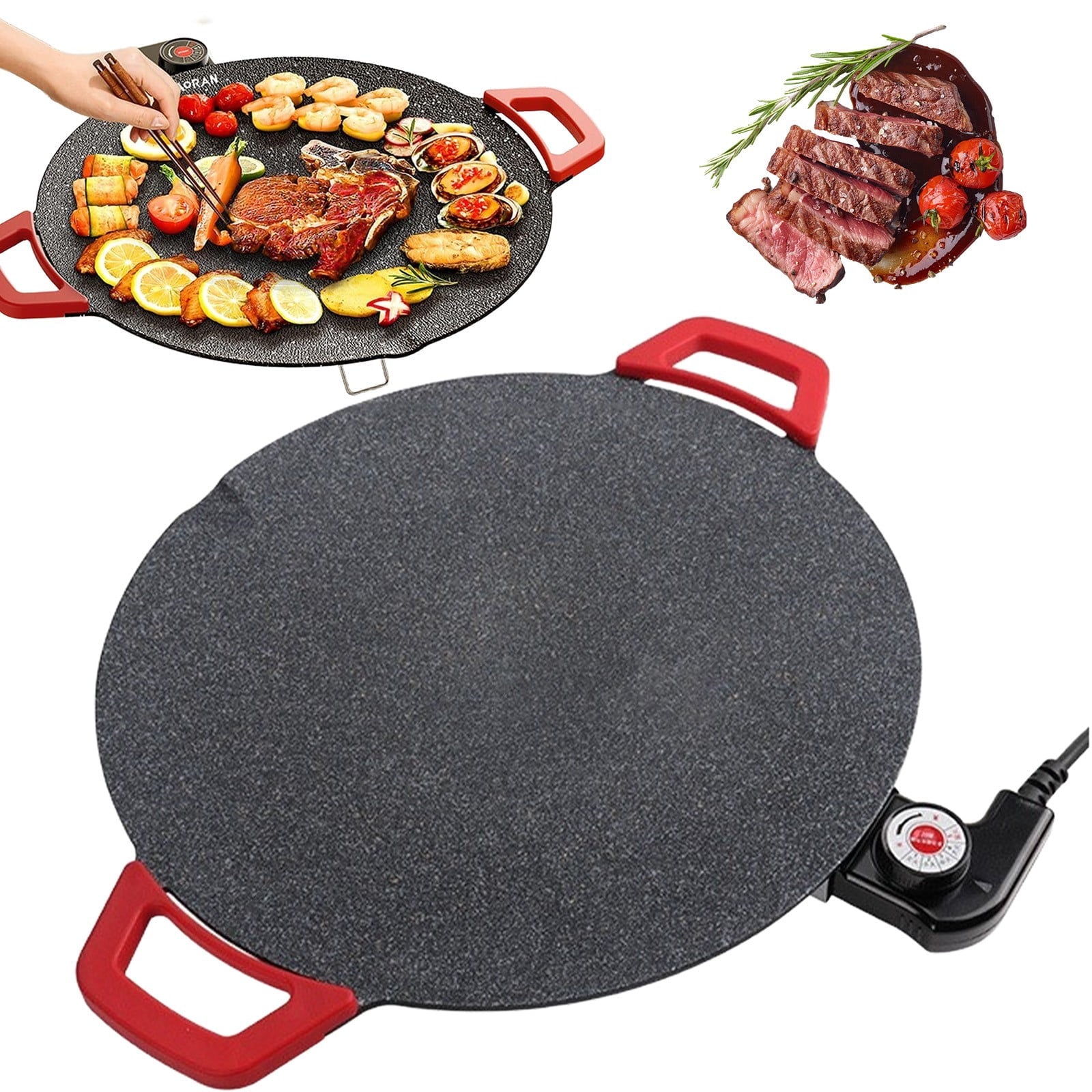 110V Round Nonstick Electric Indoor Grill - Portable Multi-Function Countertop BBQ Griddle, Adjustable Temp Control Non-Stick Cooking Plate for Steak, Pancake, Meat & Vegetable Home Use