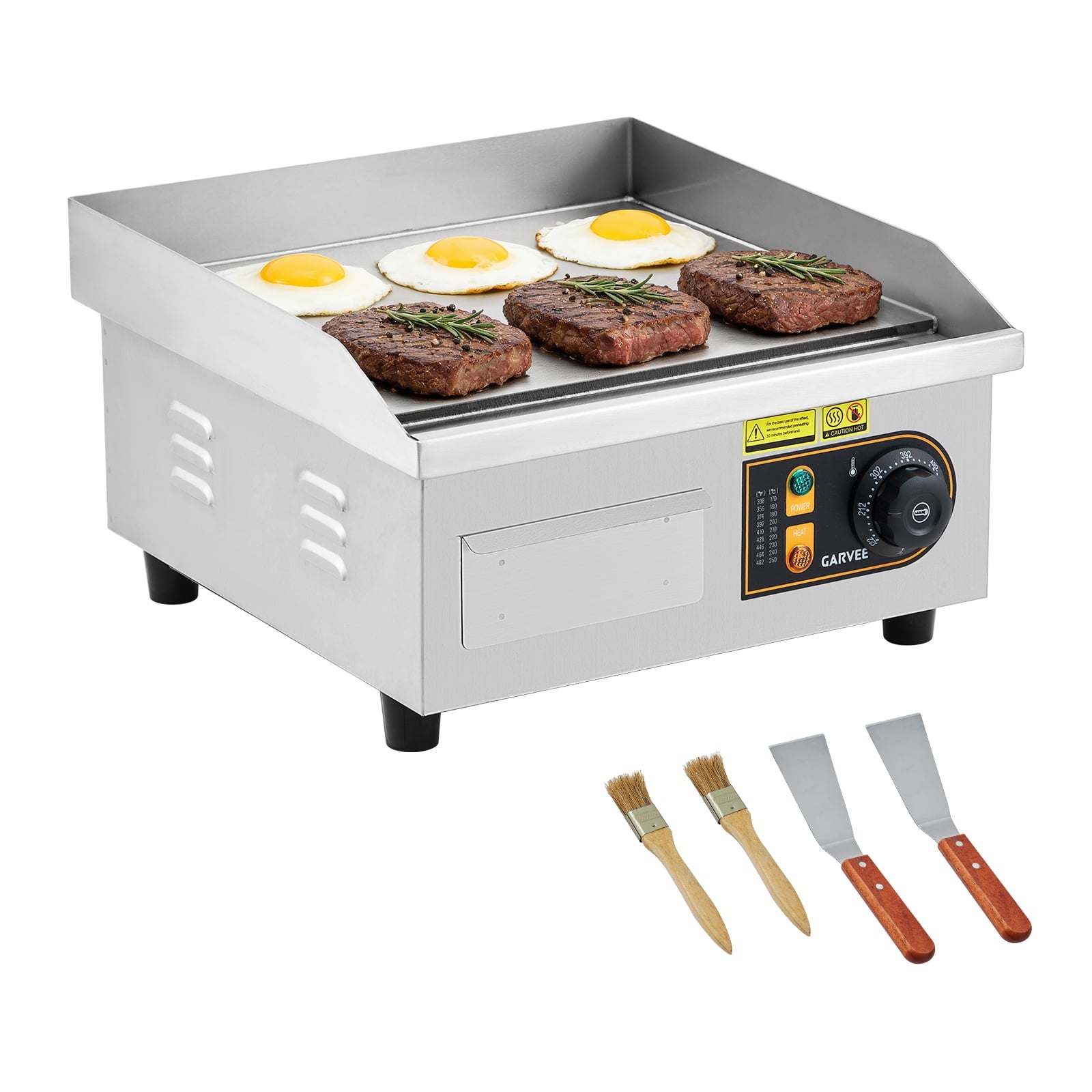 14" Commercial Electric Griddle - 1700W Non-Stick Flat Top Stainless Steel Grill - Adjustable Temp 122°F-572°F - Countertop Kitchen Appliance with 2 Shovels & 2 Brushes, Ideal for Home & Restaurant
