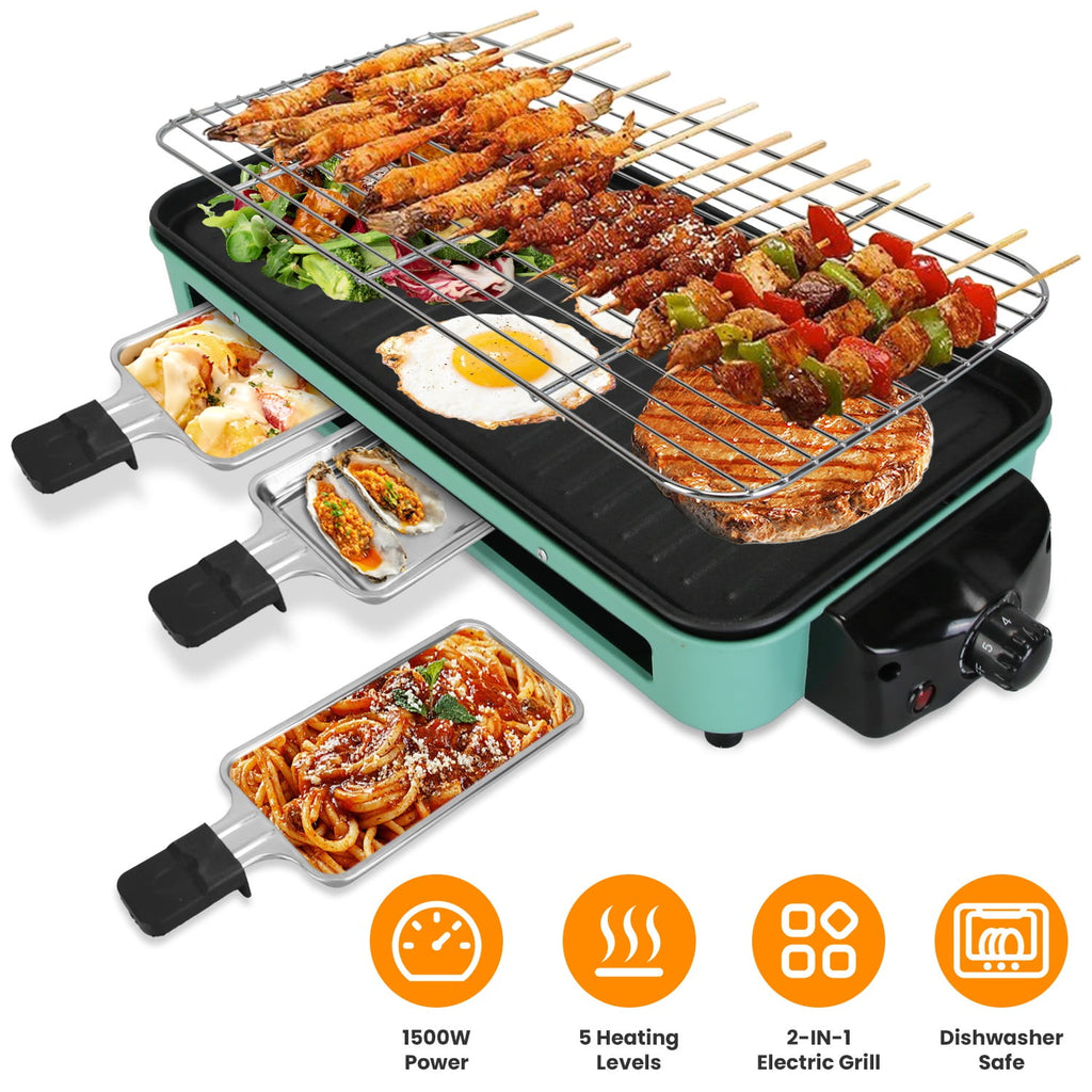 TeqHome Counter Top Indoor Grill Electric 2 in 1 1500W Electric Grill for Kitchen with Grill Net 5 Temperature Control 3 Small Trays Removeable Plate Dishwasher Safe Green