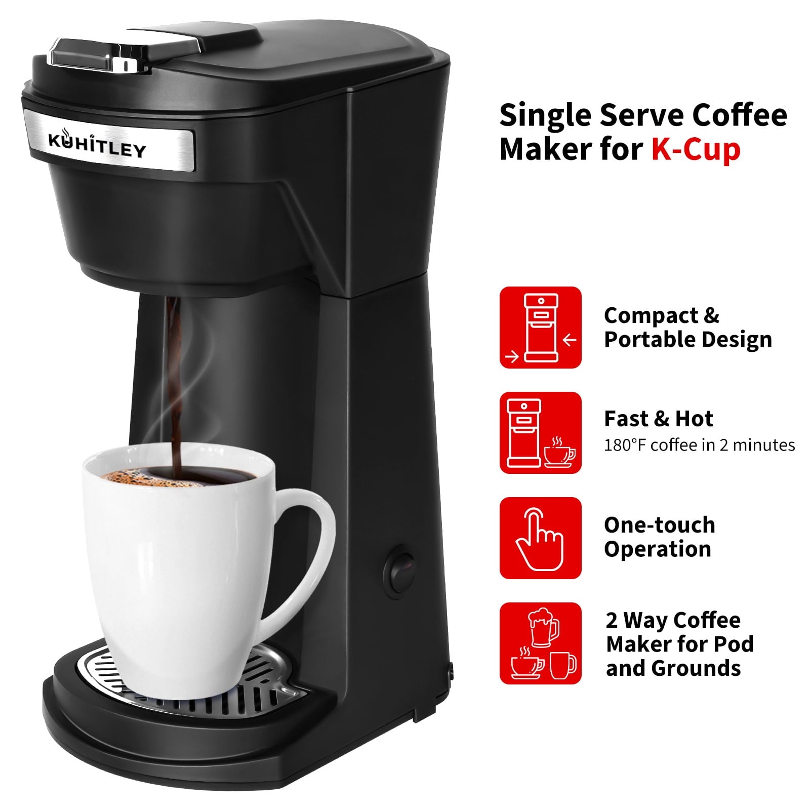 2 in 1 Single Serve Coffee Maker for K Cup Pods & Ground Coffee - Mini K Cup Coffee Machine with 6 to 14 oz Brew Sizes, Single Cup Coffee Brewer with One-Press Fast Brewing, Reusable Filters, Black