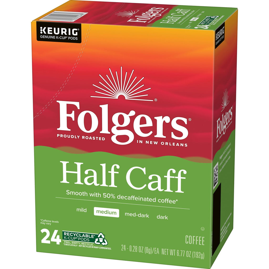 (Folgers 1/2 Caff Coffee - Medium Roast Coffee, Keurig K Cup Pods, 24 Count Box - 4-Pack