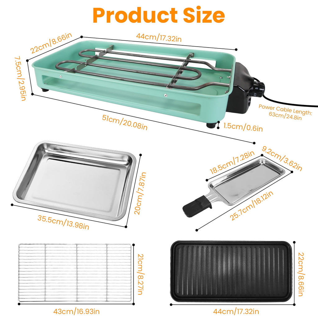TeqHome Counter Top Indoor Grill Electric 2 in 1 1500W Electric Grill for Kitchen with Grill Net 5 Temperature Control 3 Small Trays Removeable Plate Dishwasher Safe Green