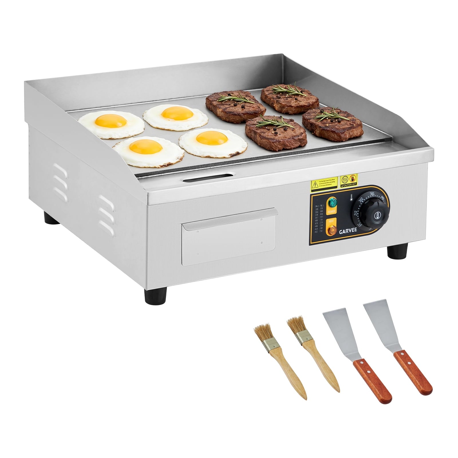 18" Commercial Electric Griddle - 1700W Non-Stick Flat Top Stainless Steel Grill - Adjustable Temp 122°F-572°F - Countertop Kitchen Appliance with 2 Shovels & 2 Brushes, Ideal for Home & Restaurant