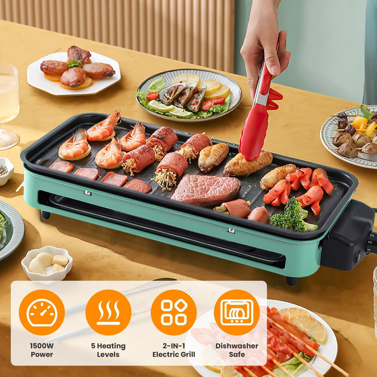 2000W Electric Indoor Grill 2-in-1 with Removable Plate & 5 Temp Controls