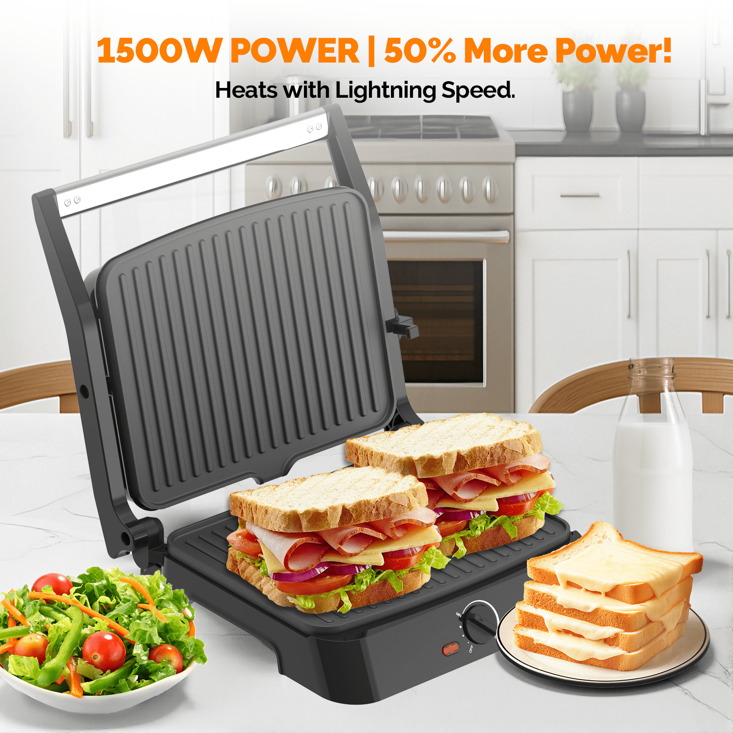 MIRASTON Electric Panini Press Grill - 3-in-1 Sandwich Maker with Non-Stick Plates, 180° Flat Open, Dishwasher Safe, Silver
