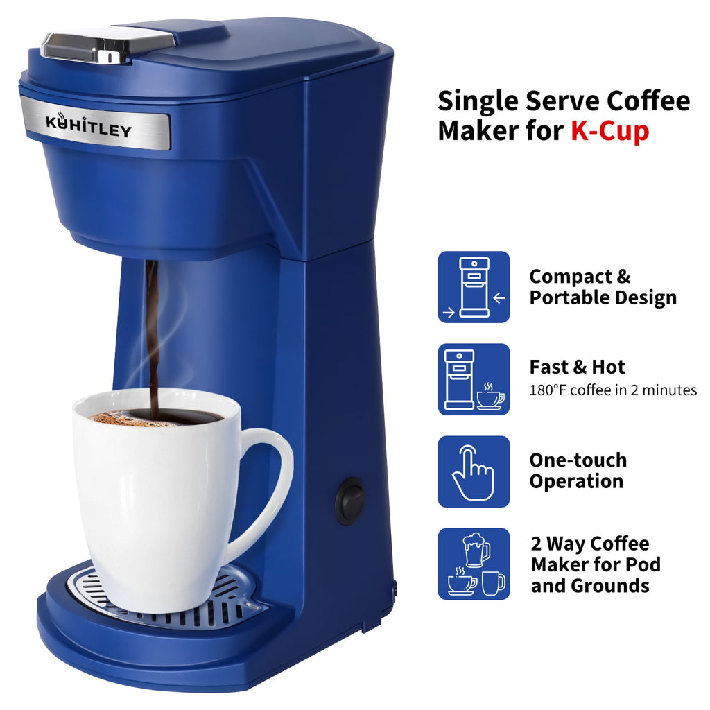 2 in 1 Single Serve Coffee Maker for K Cup Pods & Ground Coffee - Mini K Cup Coffee Machine with 6 to 14 oz Brew Sizes, Single Cup Coffee Brewer with One-Press Fast Brewing, Reusable Filters, Blue