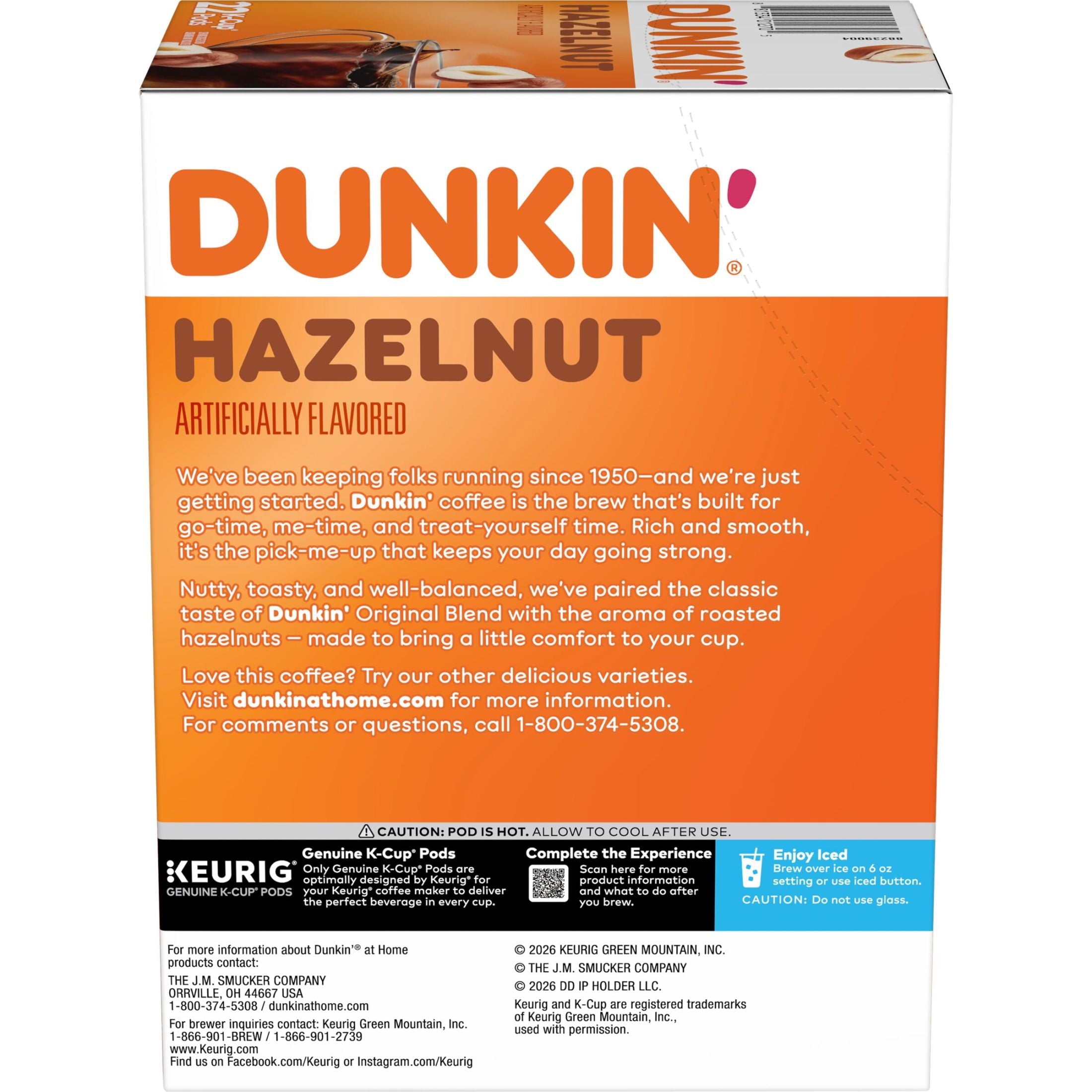 Dunkin’ Hazelnut Artificially Flavored Coffee - Keurig K Cup Pods, 22 Count Box
