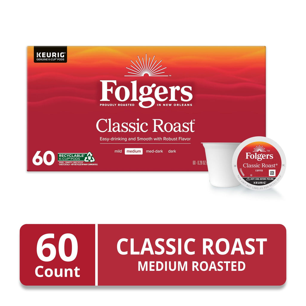 Folgers Classic Roast - Medium Roast Coffee, Keurig K Cup Pods, 60 Count Box