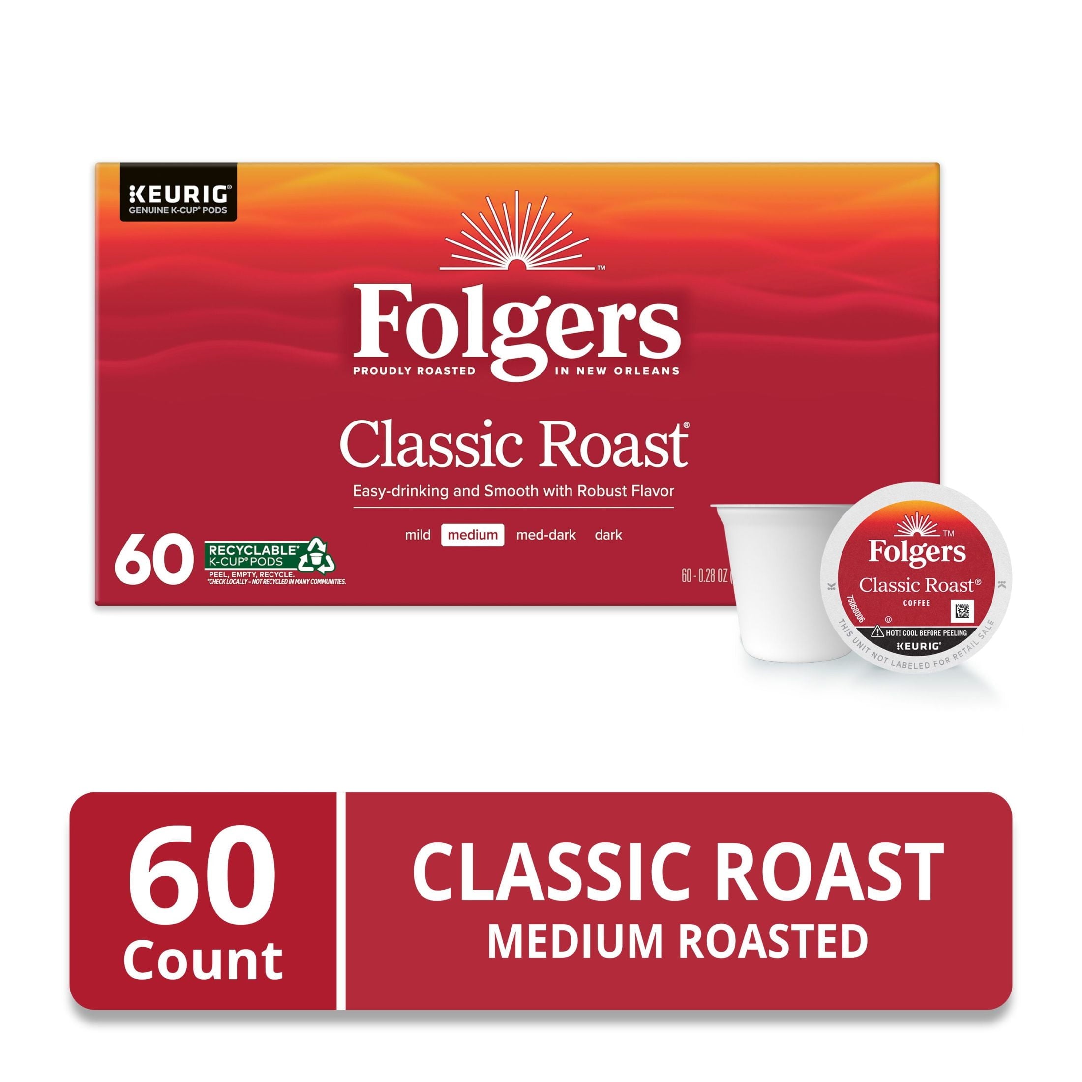 Folgers Classic Roast - Medium Roast Coffee, Keurig K Cup Pods, 60 Count Box