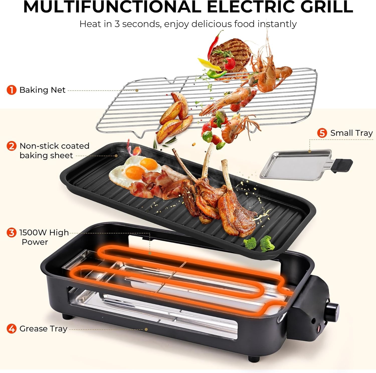 Electric Indoor Grill - 2 in 1 Indoor Grills for Kitchen with Grill Net & Non-Stick Cooking Removable Plate, Temperature Control, Dishwasher Safe, 1500W Smokeless barbecue