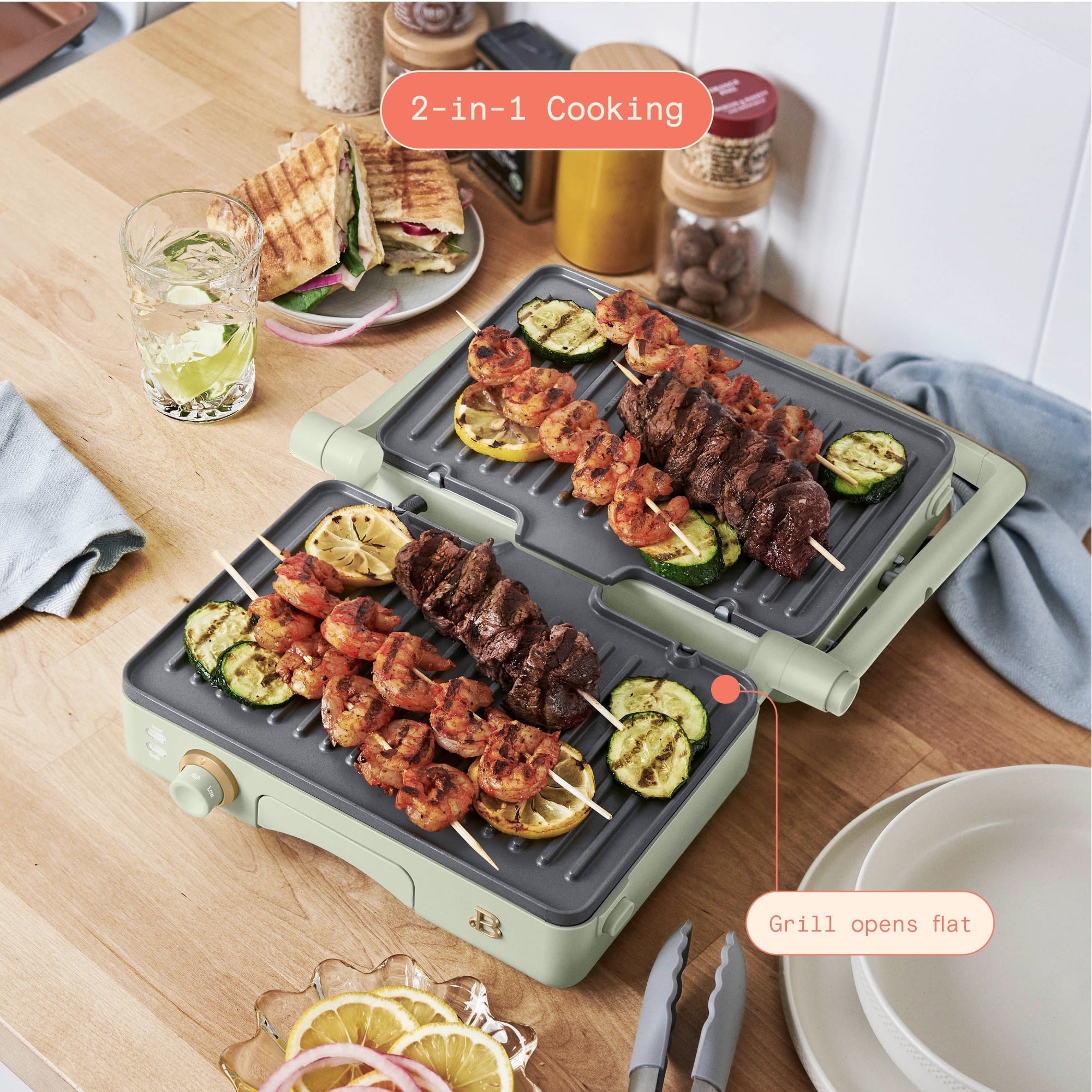 Beautiful 2-in-1 Panini Press & Grill with Detachable Plates - Sage Green by Drew Barrymore