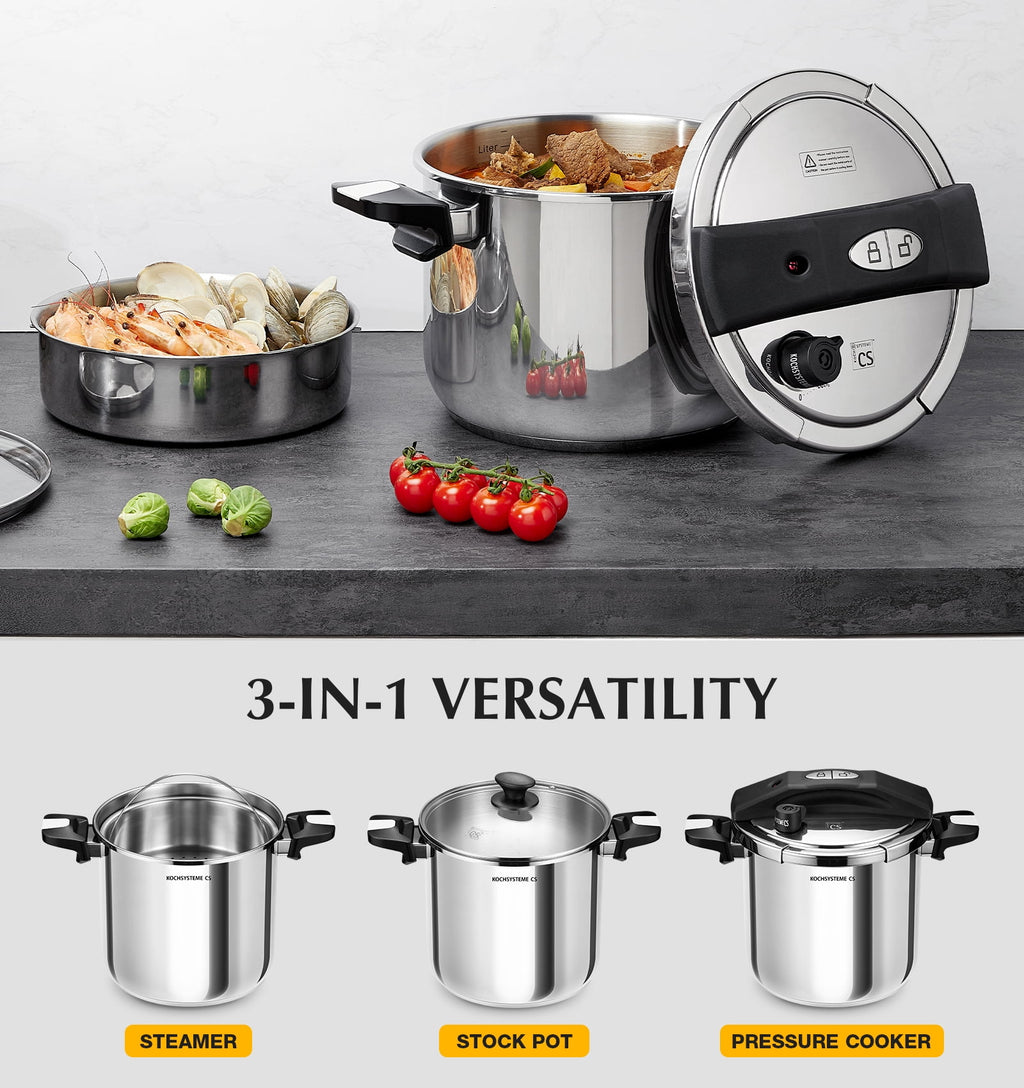 Koch Systeme CS 8.5-Quart Stainless Steel Pressure Cooker - 3-in-1 Olla de Presion, One-Hand Locking, Induction Pressure Cooker, Glass Lid & Steamer