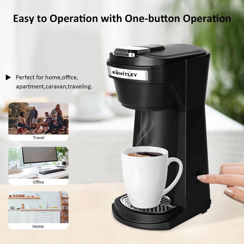 2 in 1 Single Serve Coffee Maker for K Cup Pods & Ground Coffee - Mini K Cup Coffee Machine with 6 to 14 oz Brew Sizes, Single Cup Coffee Brewer with One-Press Fast Brewing, Reusable Filters, Black