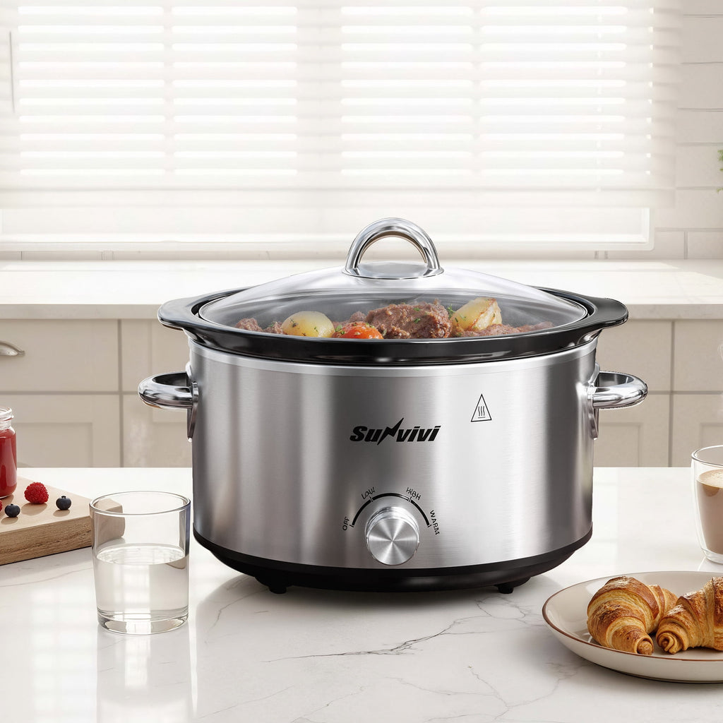 SUNVIVI Small Slow Cooker 4QT - Mini Food Warmer with 3 Heating Settings, Removable Ceramic Pot, Dishwasher Safe Glass Lid, Stainless Steel