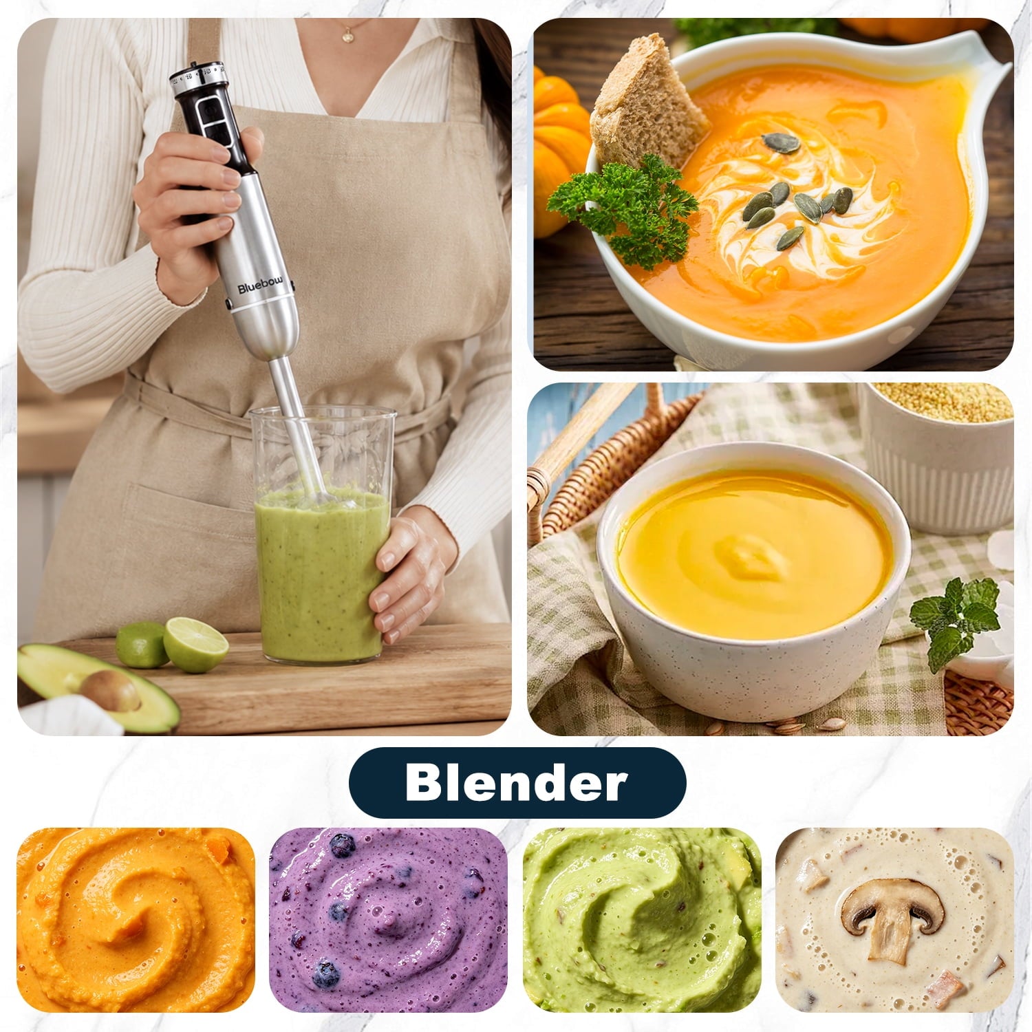 Bluebow Immersion Blender Handheld - 1100W 25 Speed 5-in-1 Stainless Steel Hand Blender with Turbo Mode, Scratch-Resistant Stick Blender for Kitchen Use, Purees Soups Smoothies, Black