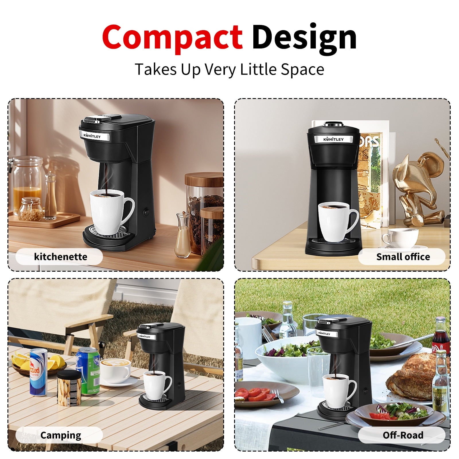 2 in 1 Single Serve Coffee Maker for K Cup Pods & Ground Coffee - Mini K Cup Coffee Machine with 6 to 14 oz Brew Sizes, Single Cup Coffee Brewer with One-Press Fast Brewing, Reusable Filters, Black