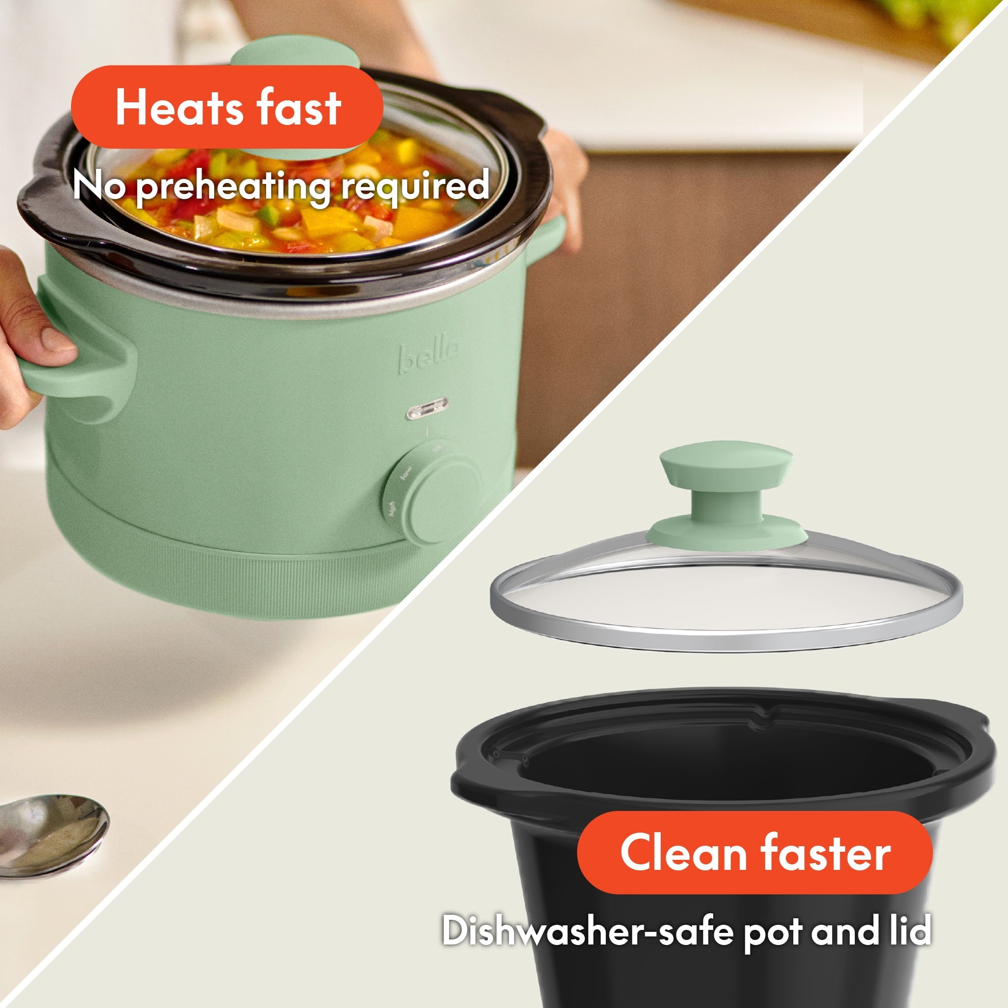 bella 1.5 Qt Manual Slow Cooker with 3 Heat Settings - Ceramic Nonstick Coating, Dishwasher Safe Pot & Tempered Glass Lid, Seaglass
