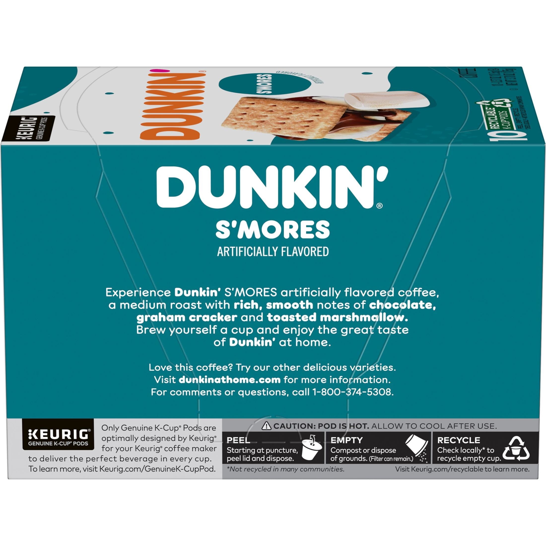 Dunkin’ S’mores Artificially Flavored Coffee - Medium Roast, Keurig K Cup Pods, 10 Count Box