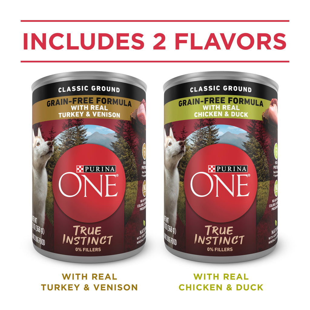 Purina ONE True Instinct Classic Ground Grain-Free Formulas With Real Turkey and Venison - and With Real Chicken and Duck Wet High Protein Dog Food Variety Pack