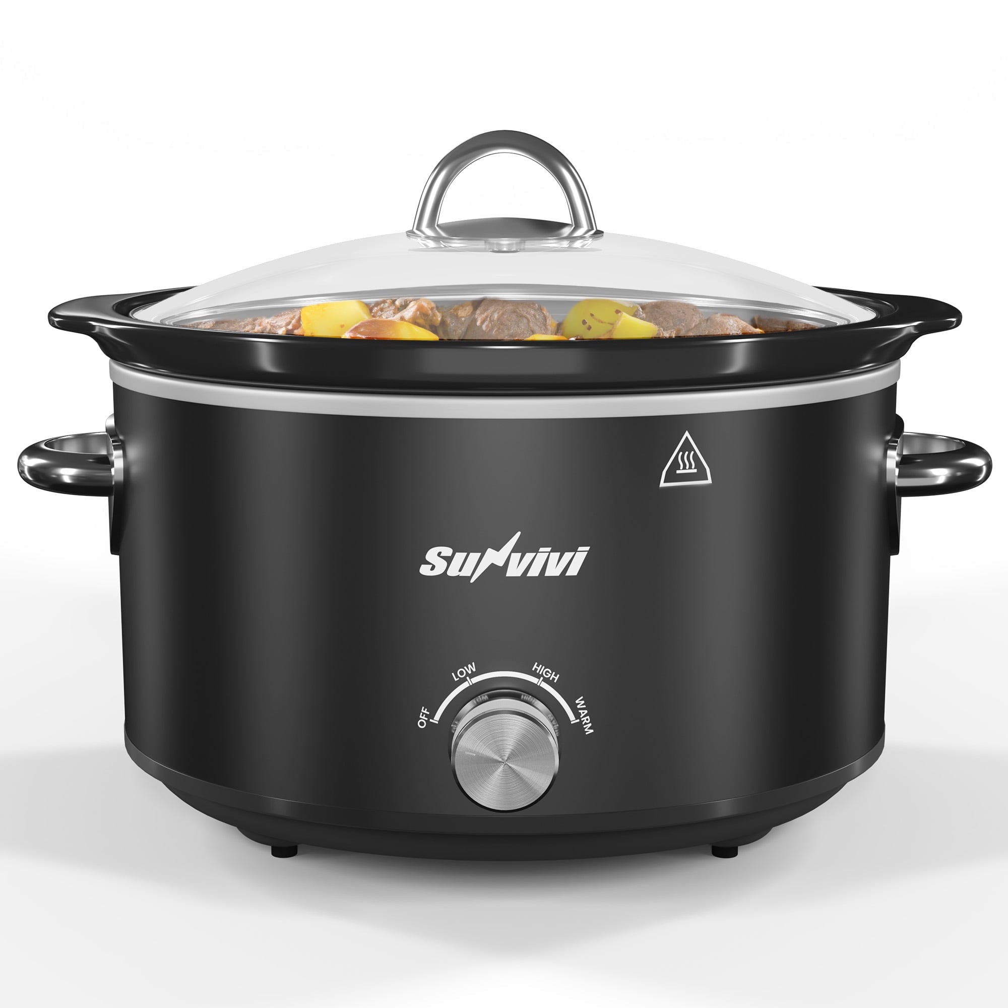 SUNVIVI Small Slow Cooker 4QT - Mini Food Warmer with 3 Heating Settings, Removable Ceramic Pot, Dishwasher Safe Glass Lid, Stainless Steel