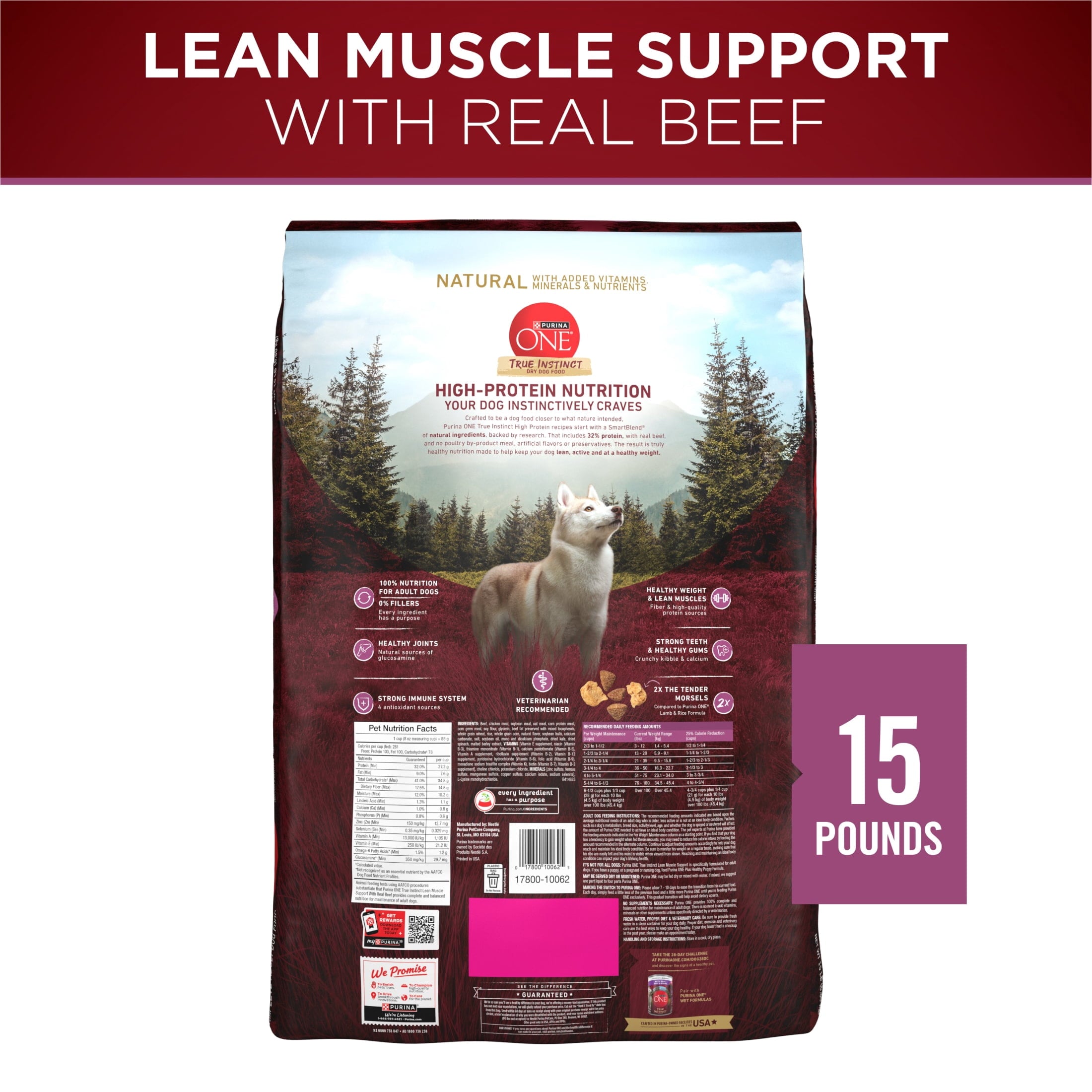 Purina One True Instinct Lean Muscle Support With Real Beef Natural With Added Vitamins - Minerals and Nutrients High Protein Dog Food, 15 lb Bag