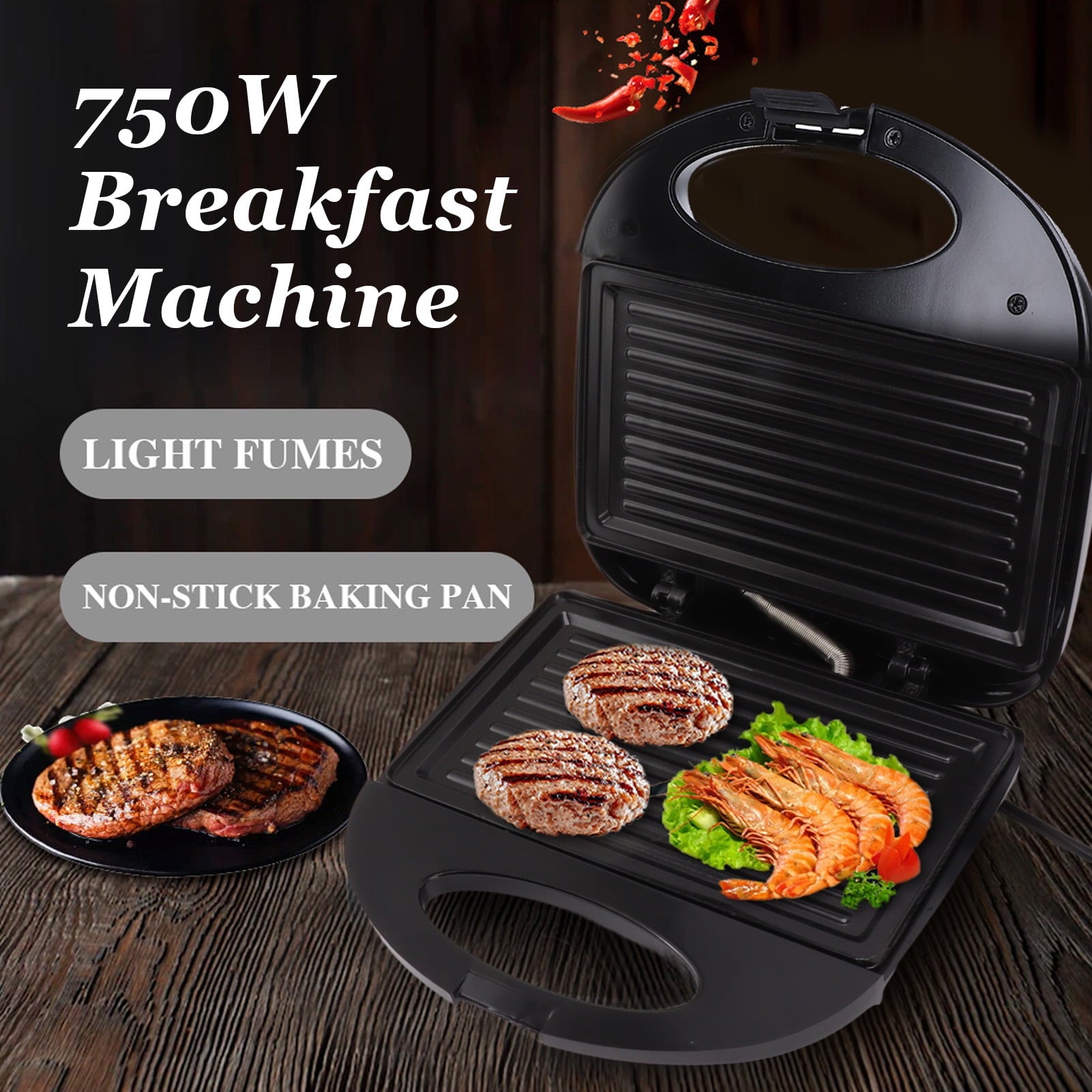 Panini Breakfast Machine Press Grill - 750W Non-Stick Sandwich Press Maker for Sandwich, Burgers, Steak