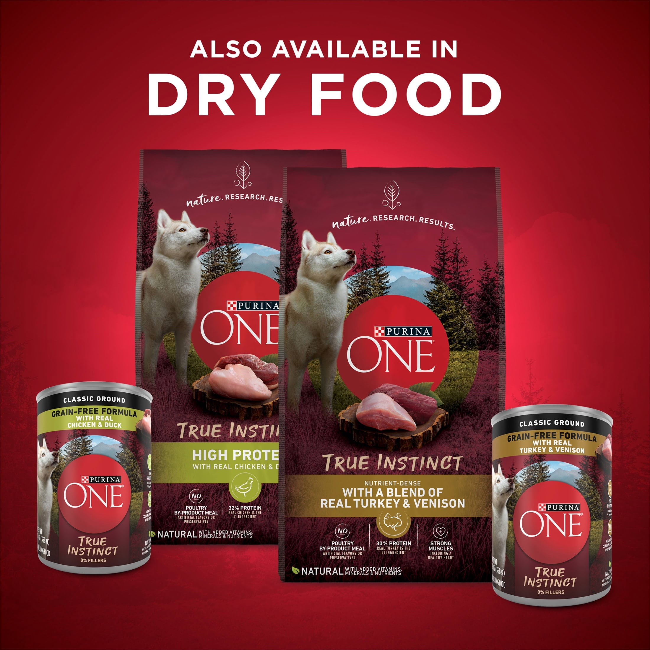 Purina ONE True Instinct Classic Ground Grain-Free Formulas With Real Turkey and Venison - and With Real Chicken and Duck Wet High Protein Dog Food Variety Pack - 3-Pack