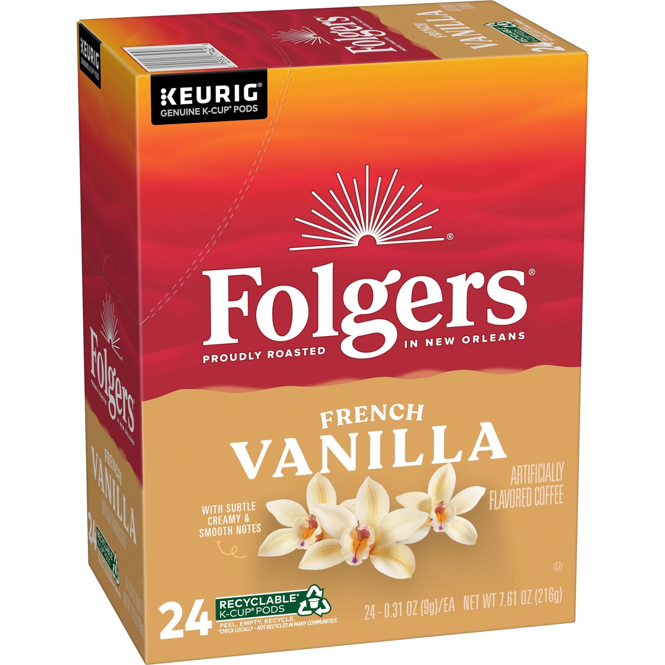 Folgers French Vanilla Artificially Flavored Coffee - Mild Roast, Keurig K Cup Pods, 24 Count Box