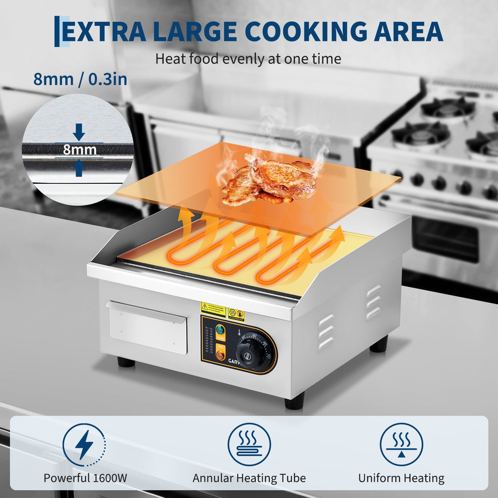 14" Commercial Electric Griddle - 1700W Non-Stick Flat Top Stainless Steel Grill - Adjustable Temp 122°F-572°F - Countertop Kitchen Appliance with 2 Shovels & 2 Brushes, Ideal for Home & Restaurant