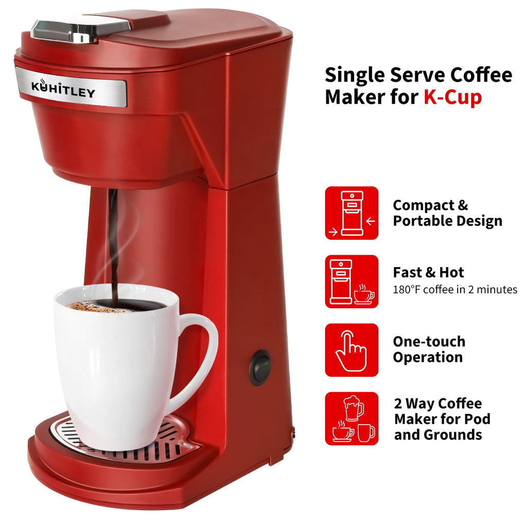 2 in 1 Single Serve Coffee Maker for K Cup Pods & Ground Coffee - Mini K Cup Coffee Machine with 6 to 14 oz Brew Sizes, Single Cup Coffee Brewer with One-Press Fast Brewing, Reusable Filters, Red