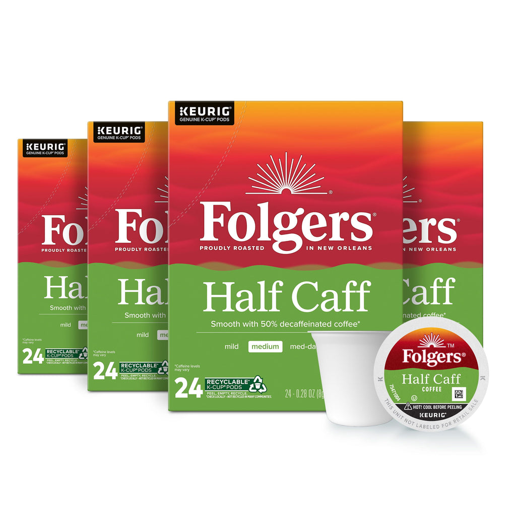 (Folgers 1/2 Caff Coffee - Medium Roast Coffee, Keurig K Cup Pods, 24 Count Box - 4-Pack