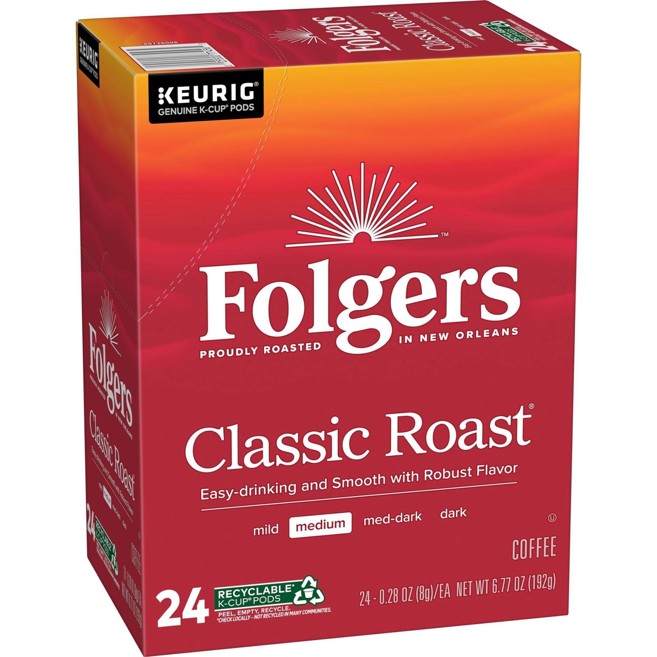 Folgers Classic Roast - Medium Roast Coffee, Keurig K Cup Pods, 24 Count Box - 4-Pack
