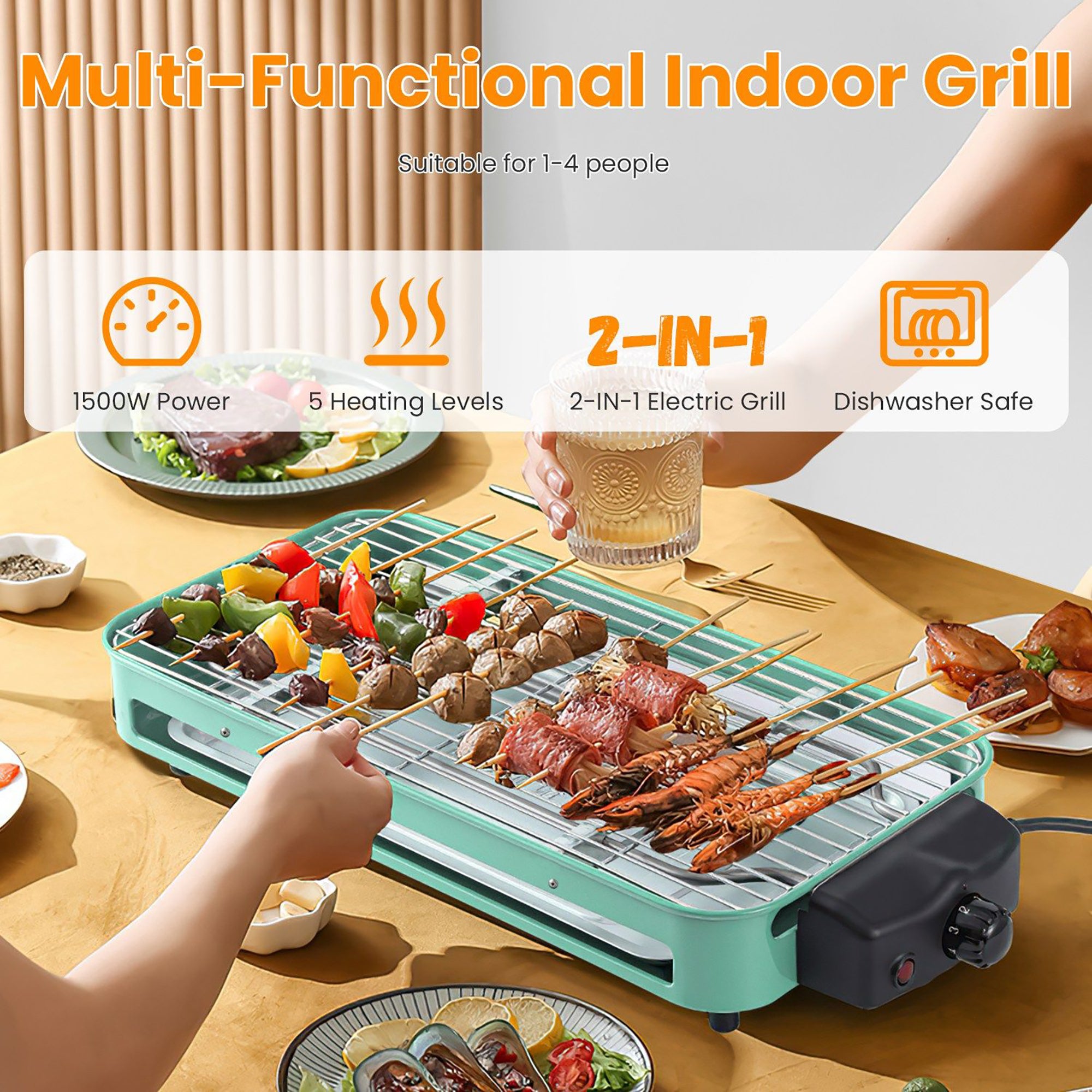 2000W 2-in-1 Electric Indoor BBQ Grill with Adjustable Temp & Removable Plate