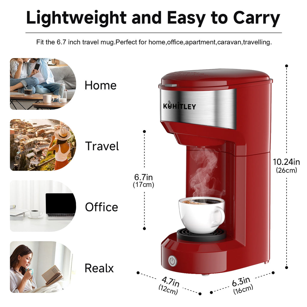 MINI Single Serve Coffee Maker - Instant Coffee Maker One Cup for K Cup & Ground Coffee, Portable Capsule Coffee Machine with 6 to 14oz Reservoir, 90 Seconds Fast Brewing and One Button Operation
