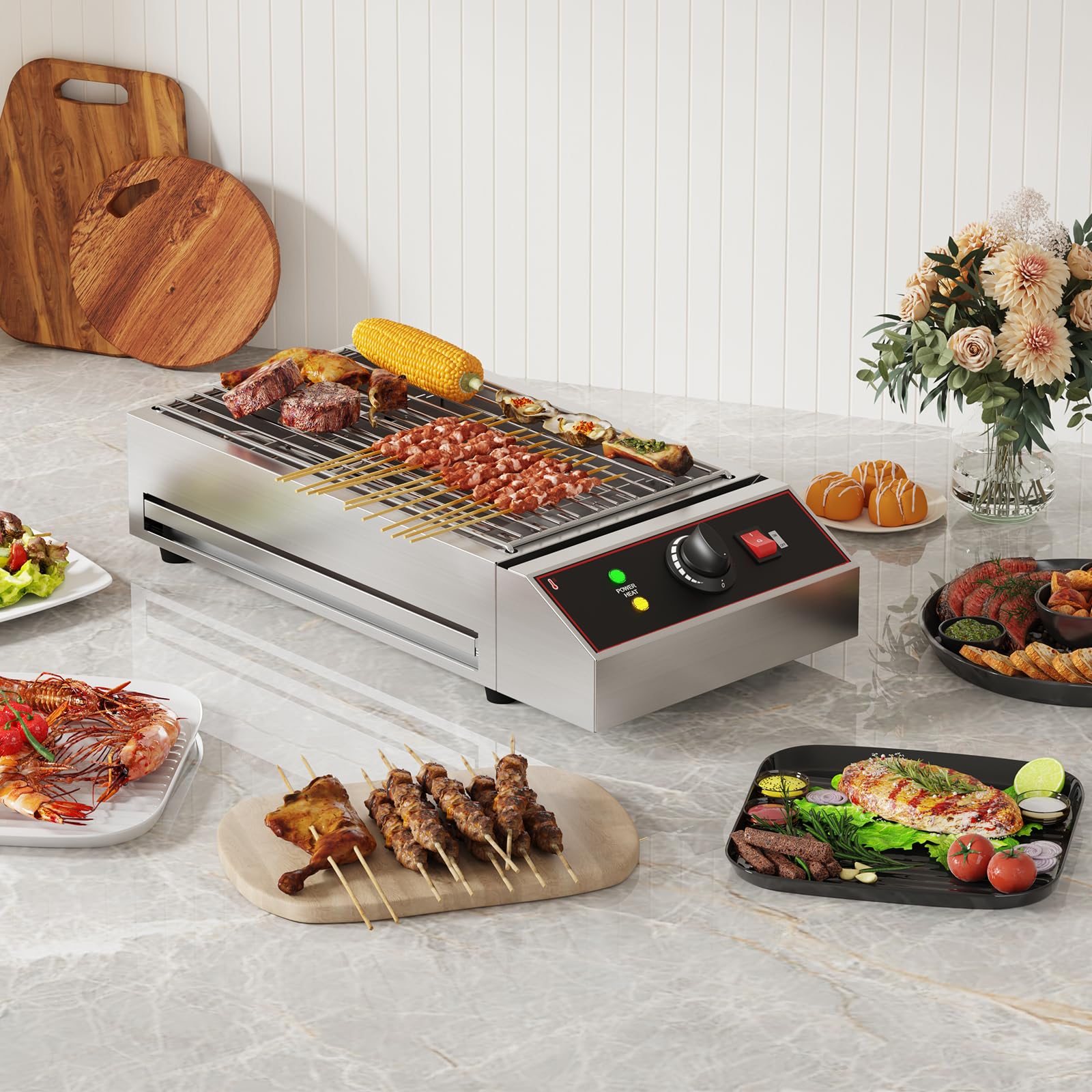 1800W Electric Indoor Grill - Portable Smokeless BBQ Countertop Grill with Removable Griddle - Stainless Steel for Home, Camping, Parties & Picnics