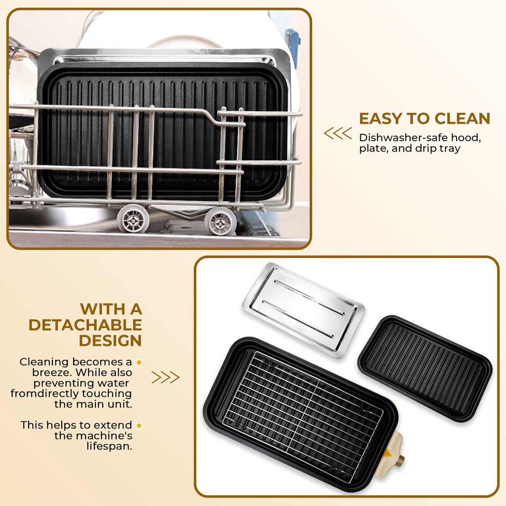 SUSLAS Electric Indoor Grill & Griddle - 1500W Smokeless Design with 3 Removable Nonstick Plates, Dishwasher Safe, Adjustable Temperature Control for Indoor Cooking(beige)