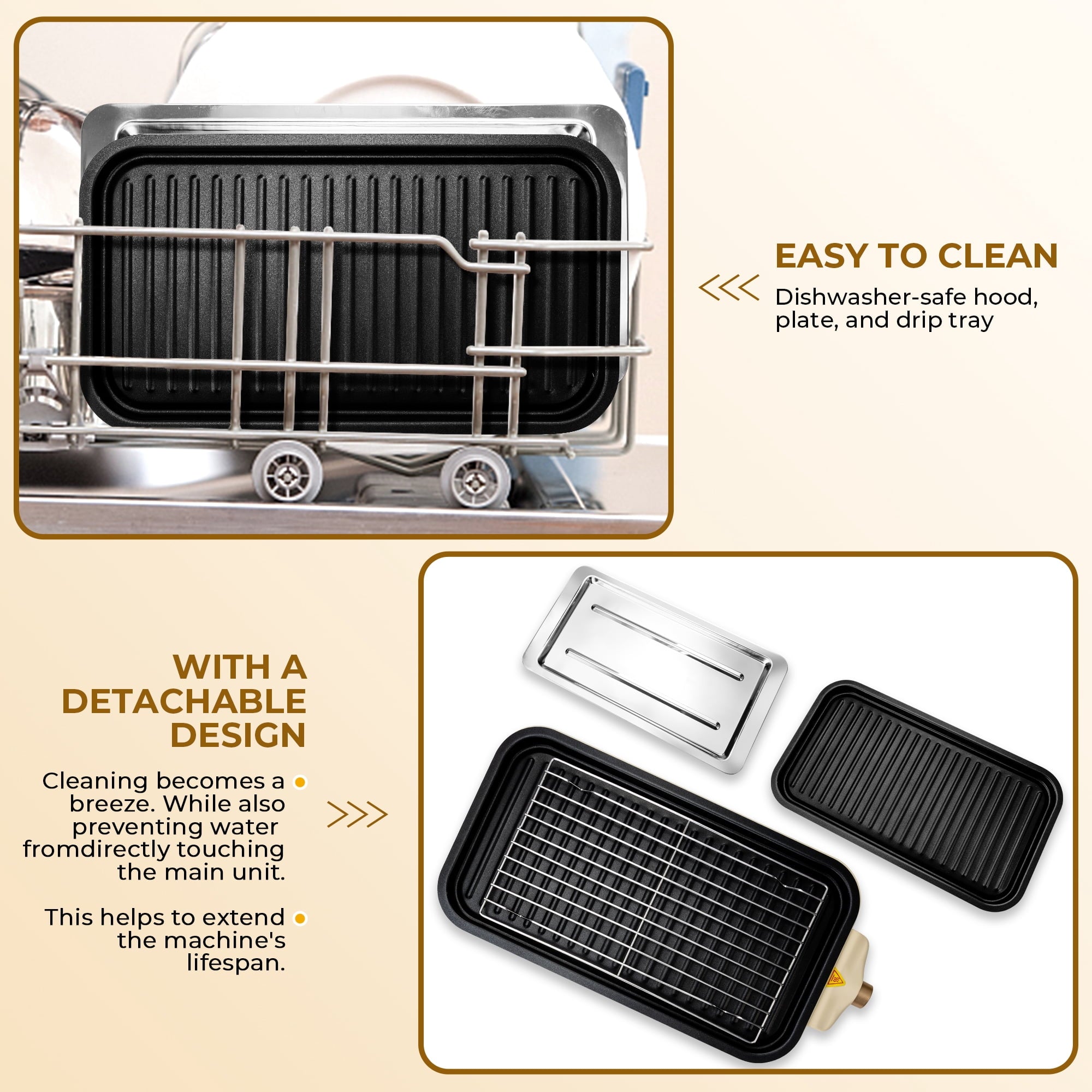 SUSLAS Electric Indoor Grill & Griddle - 1500W Smokeless Design with 3 Removable Nonstick Plates, Dishwasher Safe, Adjustable Temperature Control for Indoor Cooking(beige)